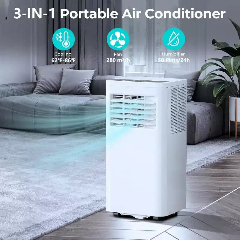 Condizionatore Portatile da 8.000 BTU, Unità 3-in-1 con 4 Modalità, Timer, Display LED, Telecomando e Kit di Installazione, per Camera da Letto/Soggiorno/Ufficio, Bianco.
