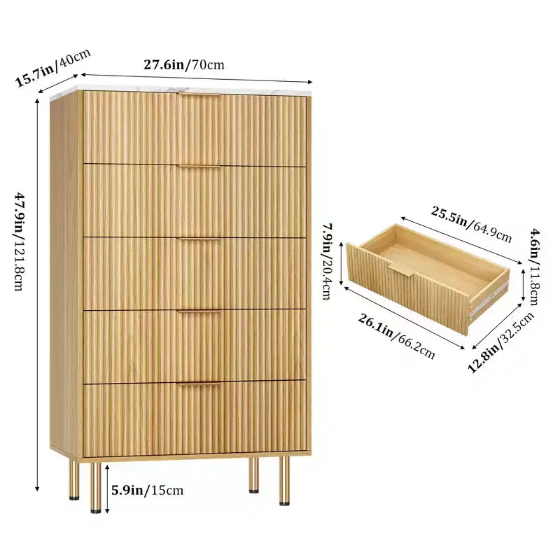 Comò a 5 cassetti bianco / marmo e legno – Pannello scanalato, per uso singolo