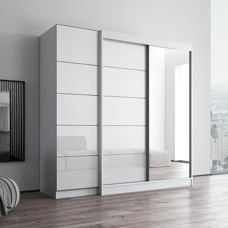 Armadio a 2 ante con specchio, frontale in vetro, 2 persone (grigio/nero/bianco)