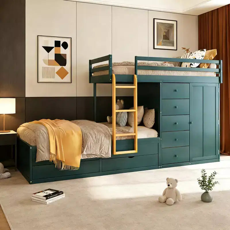 Letto a castello moderno piazza e mezza su piazza e mezza con armadio integrato e 7 cassetti contenitore