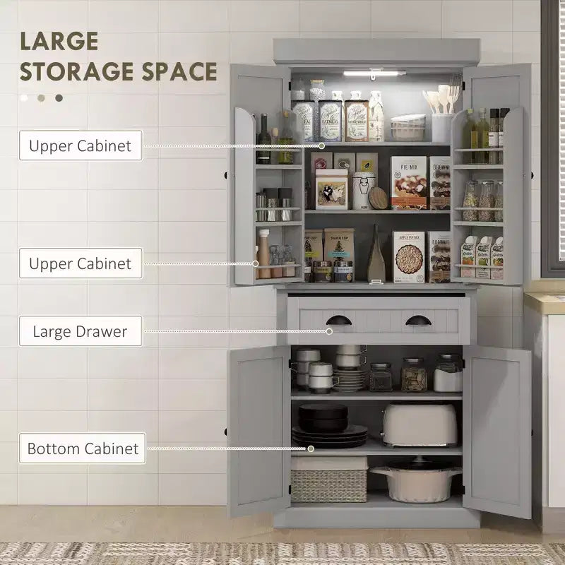 Mobile credenza da cucina da 71" con luci a LED, 6 ante con ripiani, un cassetto e 4 ripiani regolabili