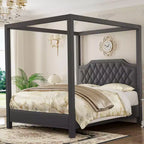 Struttura Letto a Baldacchino Queen Size con Pali a 4 Montanti, Supporto a Doghe in Legno Massello, Nessuna Rete a Molle Necessaria, Silenzioso