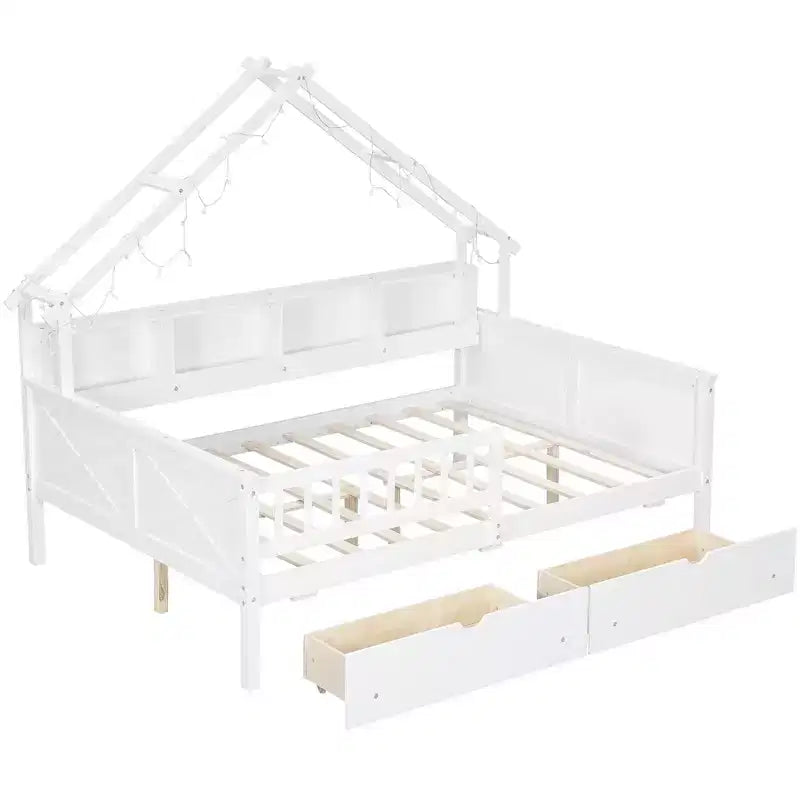 Struttura letto a casetta a grandezza naturale con cassetti, letto a piattaforma a casetta con luci LED, mensole e cassetti portaoggetti, divano letto in legno con tetto e sponda