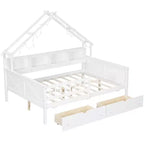 Struttura letto a casetta a grandezza naturale con cassetti, letto a piattaforma a casetta con luci LED, mensole e cassetti portaoggetti, divano letto in legno con tetto e sponda