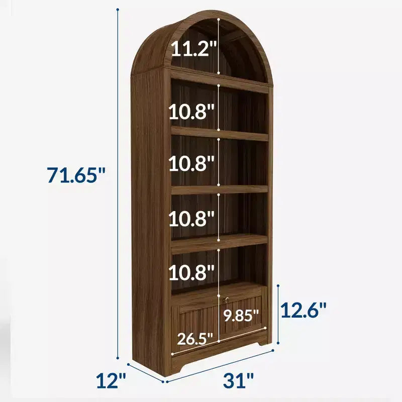 Libreria ad arco da 72 pollici con cassetto portaoggetti, mobile espositivo moderno a 6 ripiani in legno con ripiani aperti e cassetto inferiore, anta curva dell'armadio