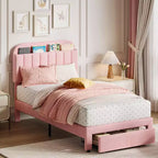 Struttura Letto Singolo (2 pz) con Cassetti Contenitori e Testiera, Rivestito in Velluto, Basso Profilo, Silenzioso, Facile da Montare, Rosa