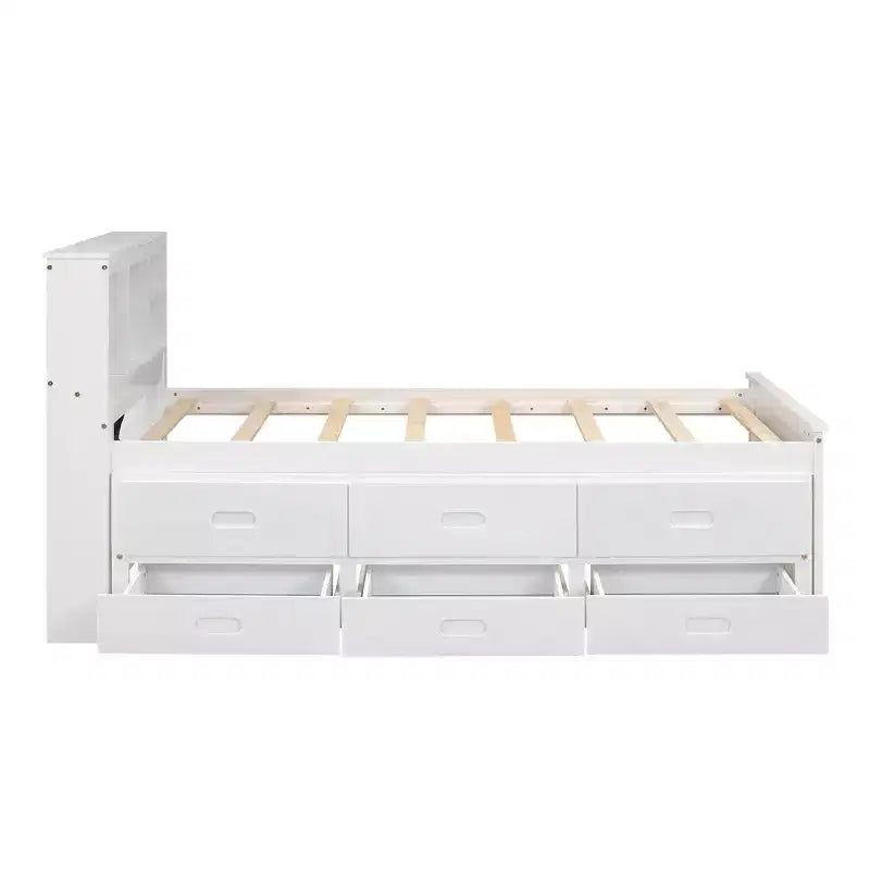 Letto a piattaforma con letto estraibile e cassetti, Letto a piattaforma contenitore con USB, Letto a piattaforma in legno con libreria