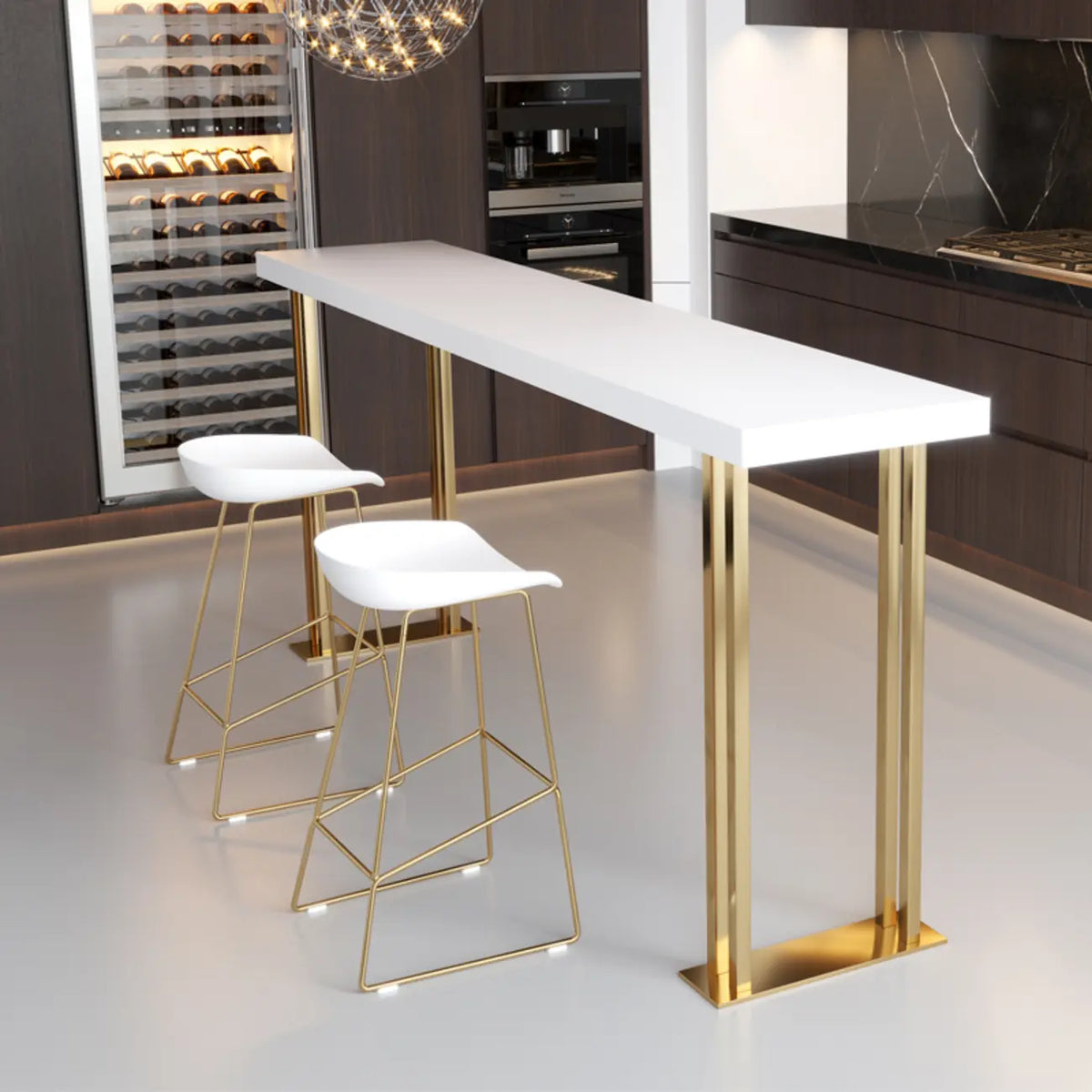 Tavolo da bar rettangolare di lusso in legno con base a slitta dorata per sala da pranzo