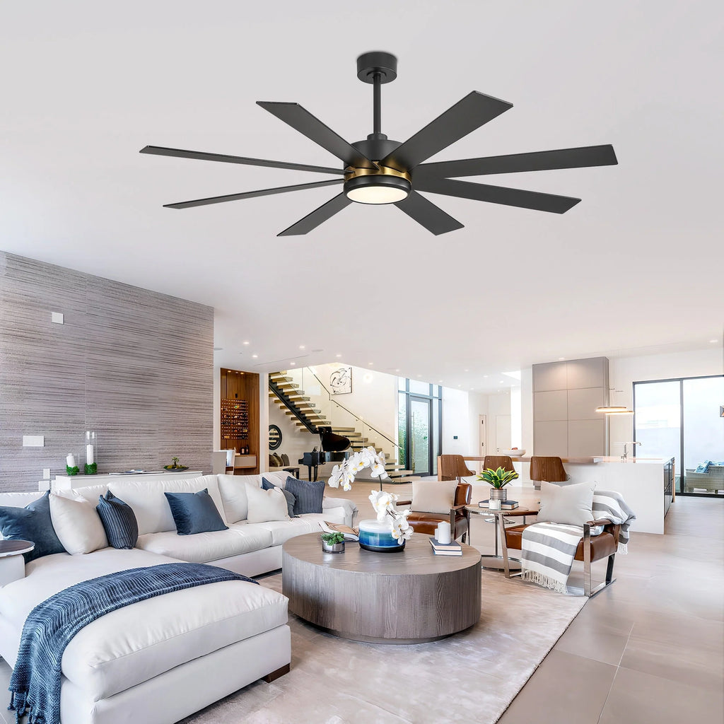 Ventilatore da soffitto nero da 65 pollici a 8 pale con luce LED e telecomando