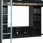 Letto a soppalco a L da gaming con scrivanie, letti a soppalco doppi con luci LED, porte USB, scaffali portaoggetti, letto a soppalco ad angolo in legno per 2