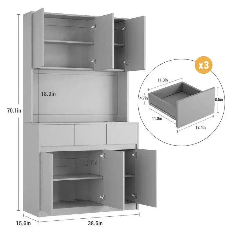Mobile dispensa da cucina da 71 pollici, mobile dispensa con luci a LED e prese di corrente, mobile buffet con supporto per microonde, ripiani regolabili