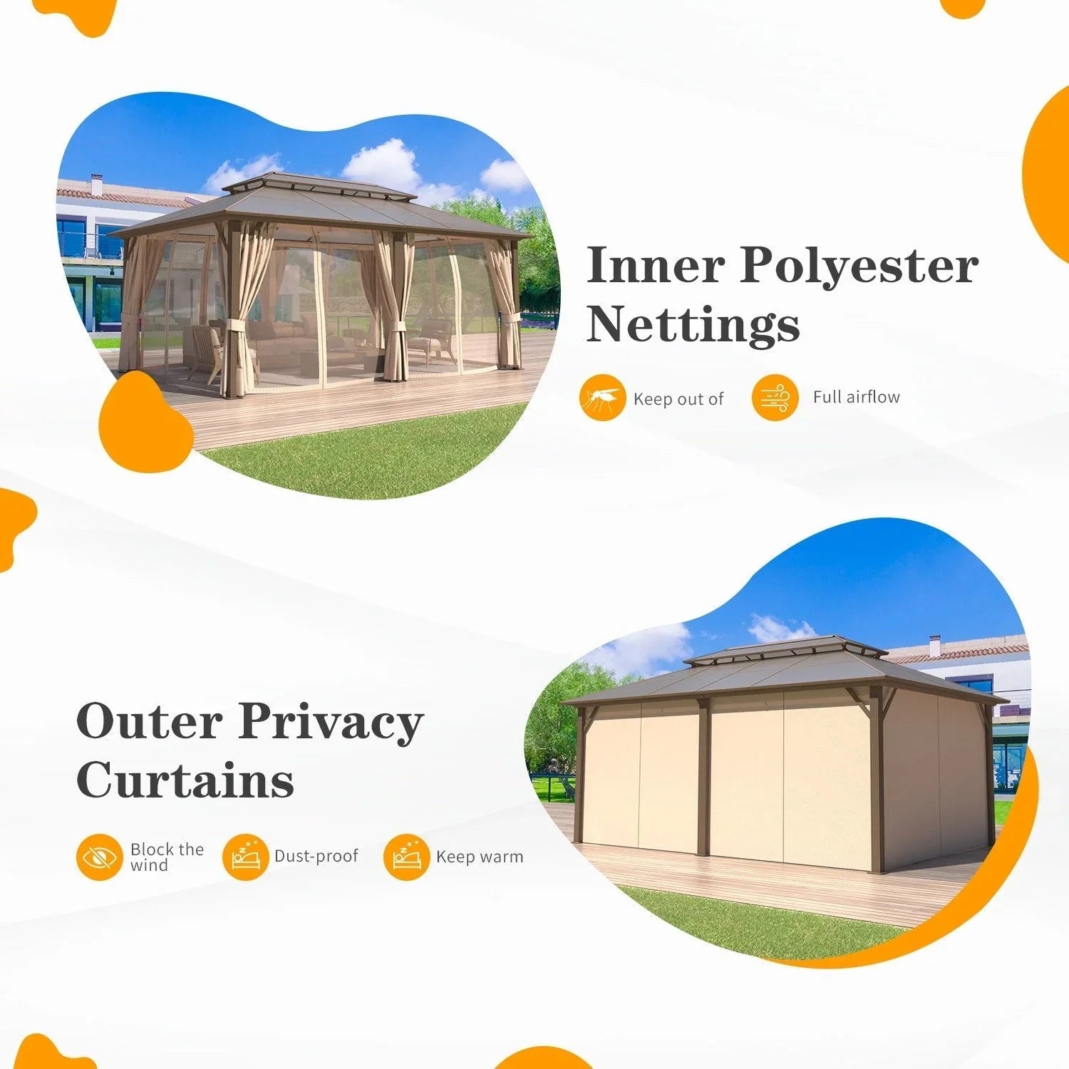 EROMMY Gazebo a tetto rigido, Pergola da esterno con doppio tetto, zanzariere e tende, Tenda da sole resistente per patio, cortile, feste in piscina
