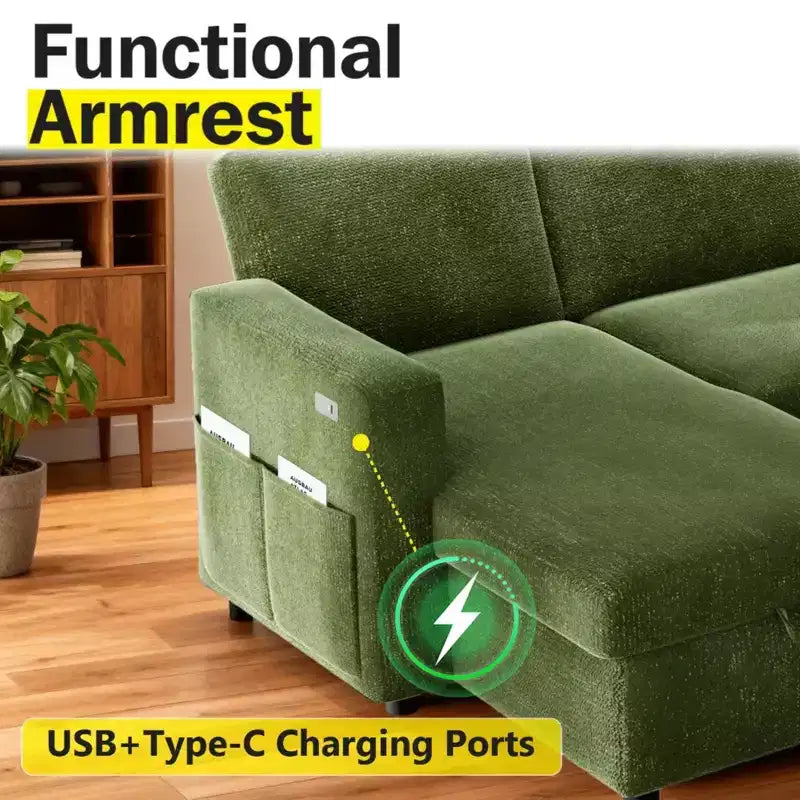 Divano Letto Estraibile 2 in 1 con Chaise Longue Contenitore, Divano Componibile in Ciniglia con Porte USB per Soggiorno