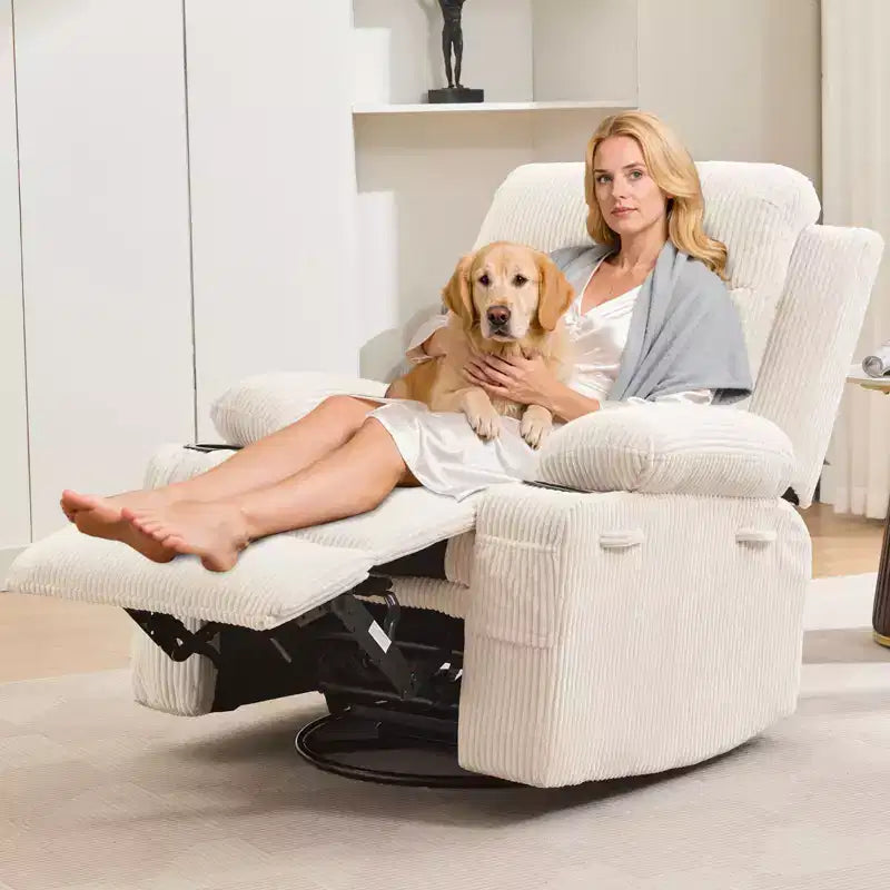 Poltrona Reclinabile Girevole a Dondolo con Massaggio e Riscaldamento, Girevole a 360° con Portabicchieri e Tasche Laterali, Divano Ergonomico per Soggiorno, Camper, Cameretta
