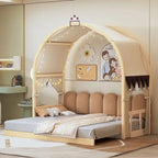 Letto a piattaforma in legno massiccio a forma di casetta, letto Montessori a terra con tetto ad arco e letto estraibile per bambine e bambini