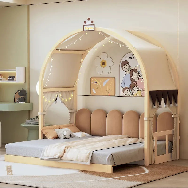 Letto a piattaforma in legno massiccio a forma di casetta, letto Montessori a terra con tetto ad arco e letto estraibile per bambine e bambini