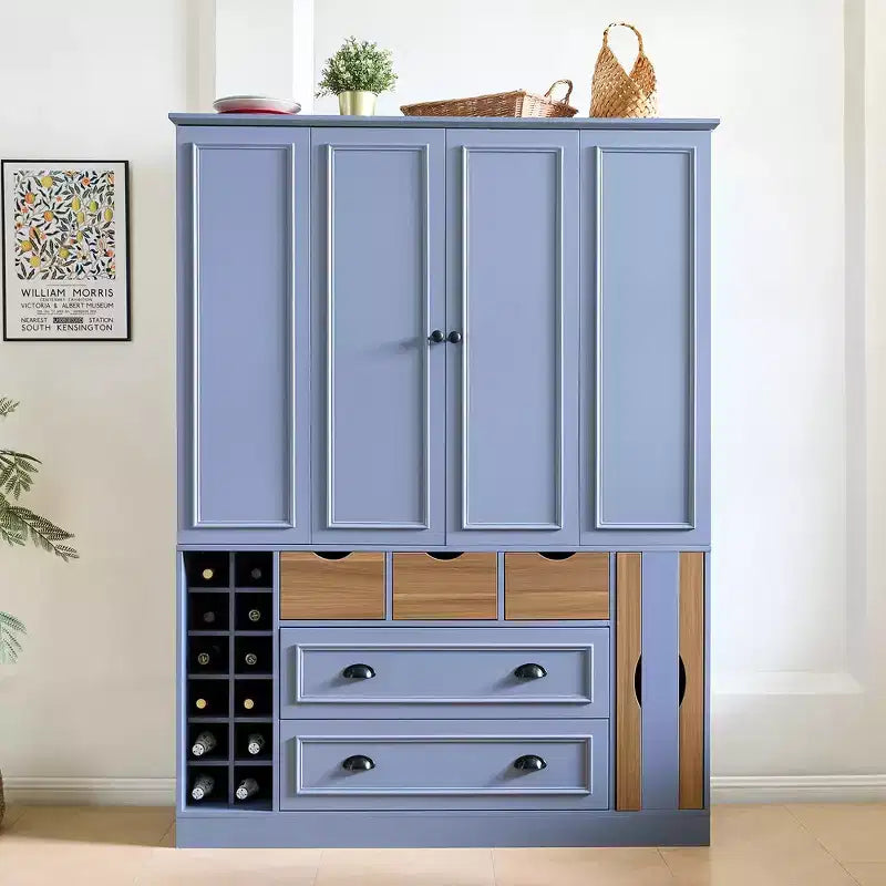 Whisen Armadio Dispensa per Cucina Autoportante Alto 180 cm, Grande Credenza Contenitore per Sala da Pranzo con 4 Ante Pieghevoli, Ripiani, Portabottiglie