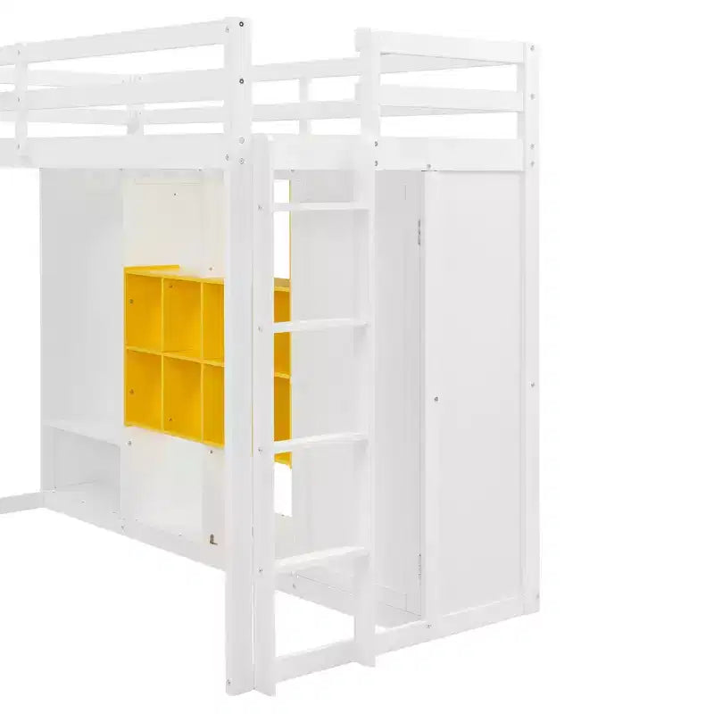 Letto a soppalco per bambini con armadio e mensole, Struttura in legno per letto a soppalco con mobiletto contenitore per bambini e ragazzi