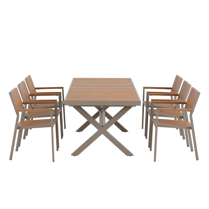 Set da pranzo da esterno allungabile a 7 pezzi con tavolo allungabile e 6 sedie con braccioli