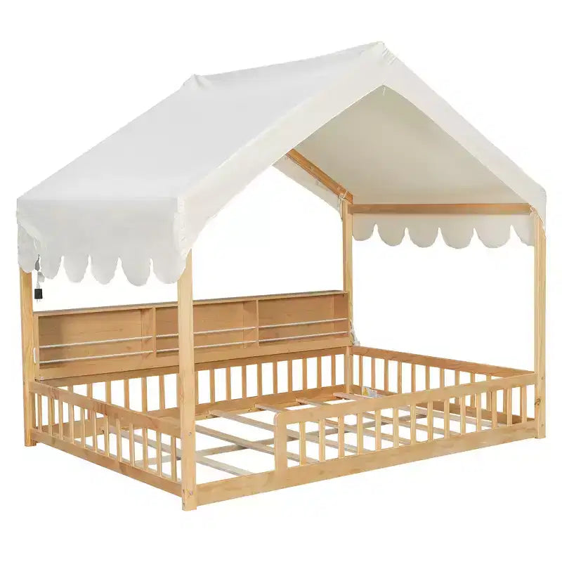 Whisen Letto a terra in legno a grandezza naturale, divano letto a forma di casetta con recinzione, 3 mensole portaoggetti, tenda