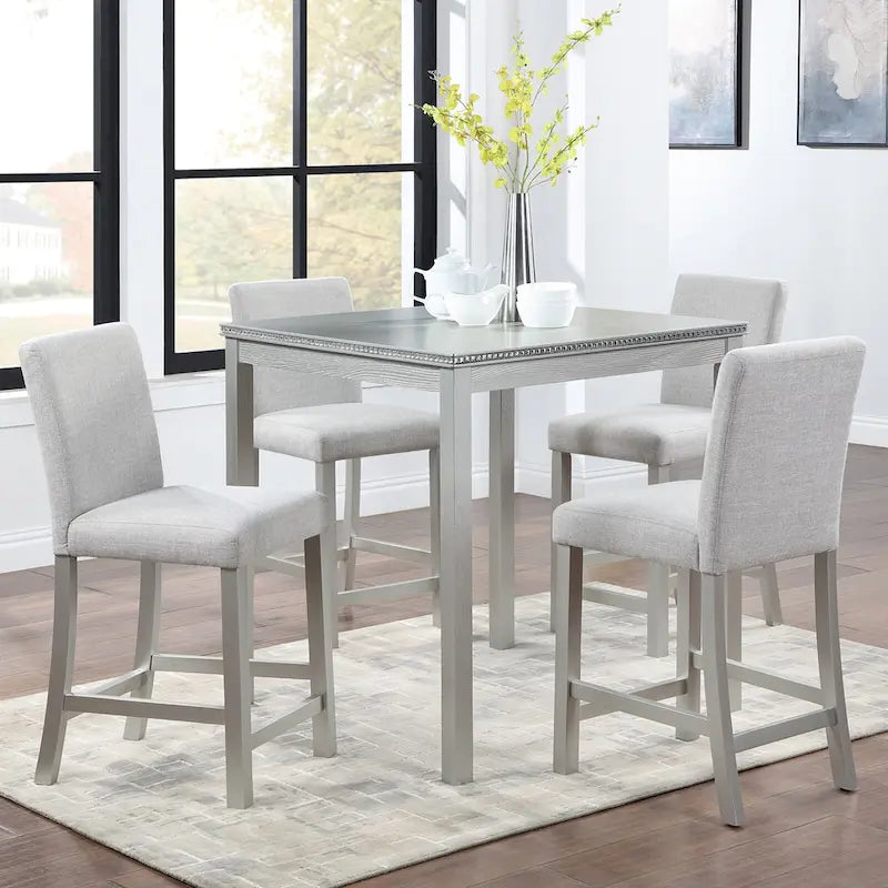 Set da pranzo moderno di 5 pezzi con tavolo quadrato ad altezza bancone e 4 sedie imbottite