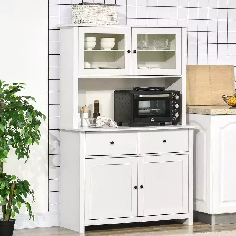 HOMCOM Credenza da Cucina 63,5 cm con Vetrina Superiore, Armadietto Dispensa con 4 Ripiani, Cassetti, Ante in Vetro, Ripiano Aperto per Microonde