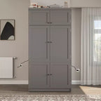 Dispensa Alta da Cucina con Prese di Corrente, Grande Credenza Autoportante con Supporto per Microonde, Cassetti, Scaffali, Portabottiglie e Ante con Ripiani