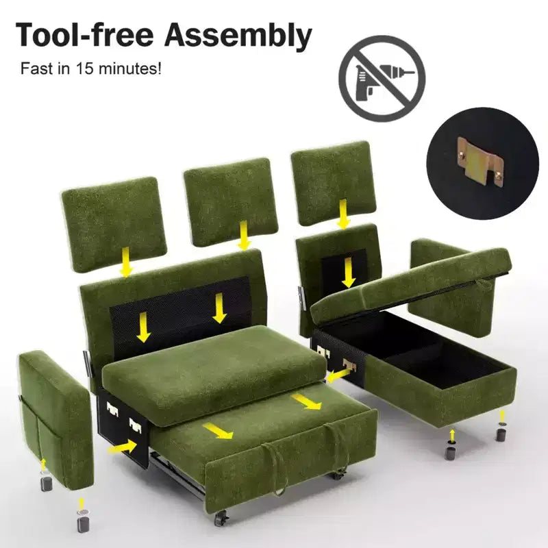 Divano Letto Estraibile 2 in 1 con Chaise Longue Contenitore, Divano Componibile in Ciniglia con Porte USB per Soggiorno