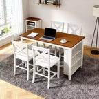 Set da pranzo Homy Casa 5 pezzi, tavolo e sedie altezza bancone con mensole, bianco e noce, stile moderno rustico