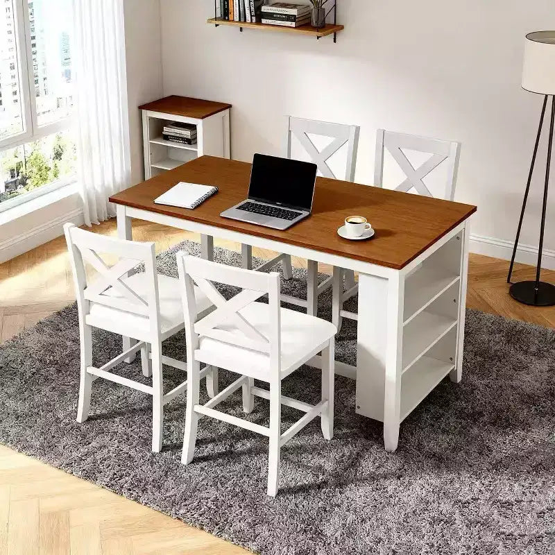 Set da pranzo Homy Casa 5 pezzi, tavolo e sedie altezza bancone con mensole, bianco e noce, stile moderno rustico