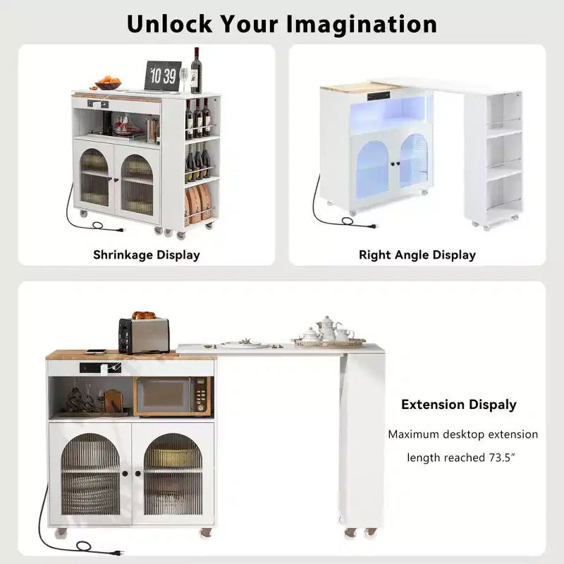 Isola da Cucina con Ruote e 2 Ante in Vetro, Carrello da Cucina con Tavolo Estensibile e Prese di Corrente, Isola da Cucina con Ripiani Laterali Aperti