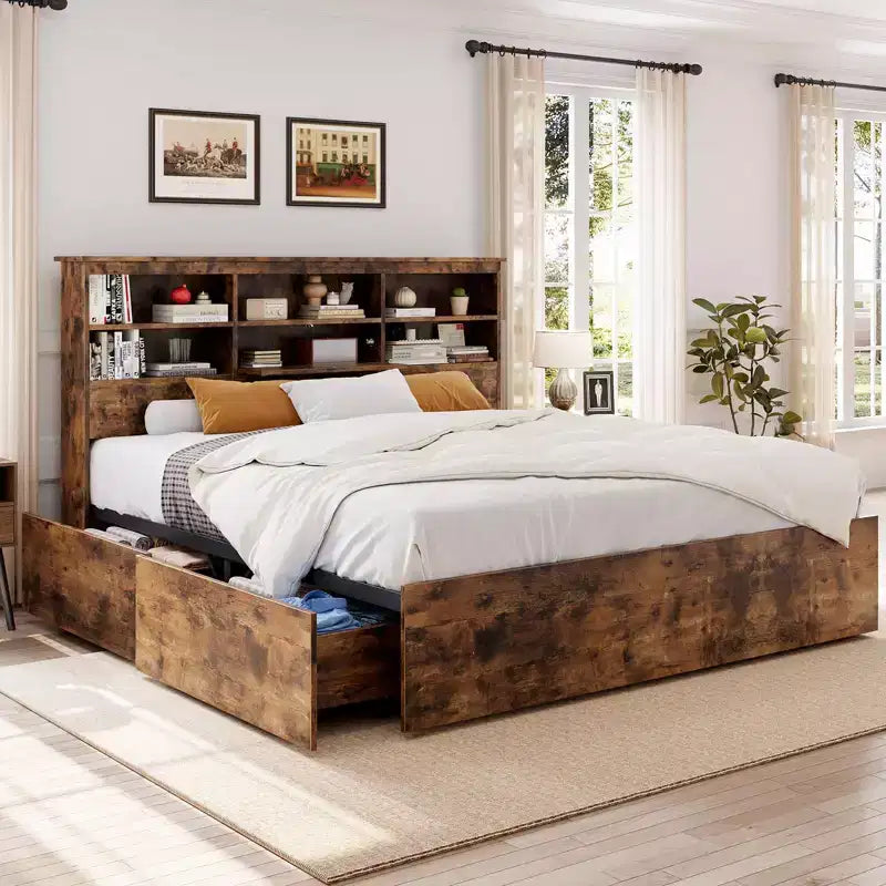 Struttura Letto Matrimoniale con Testiera Contenitore, Struttura Letto in Legno con 4 Cassetti, Libreria Contenitore e Letto a Piattaforma King Size con Robusto Supporto in Metallo