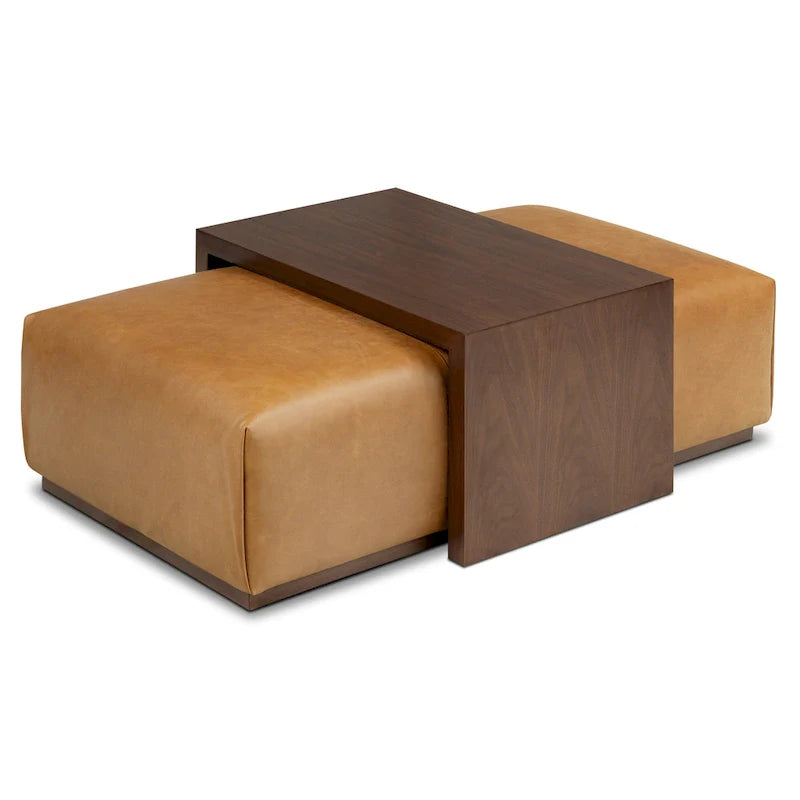 Pouf Jarmo Poly & Bark con Tavolino Regolabile in Noce - Vera Pelle Italiana Pieno Fiore