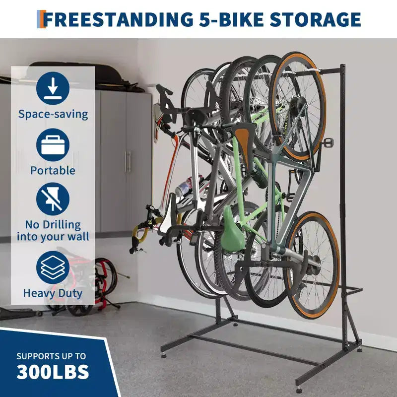 Rastrelliera portabici autoportante per 5 bici con capacità di carico di 136 kg, robusto organizzatore per un posizionamento sicuro e stabile delle bici in cortili anteriori e posteriori