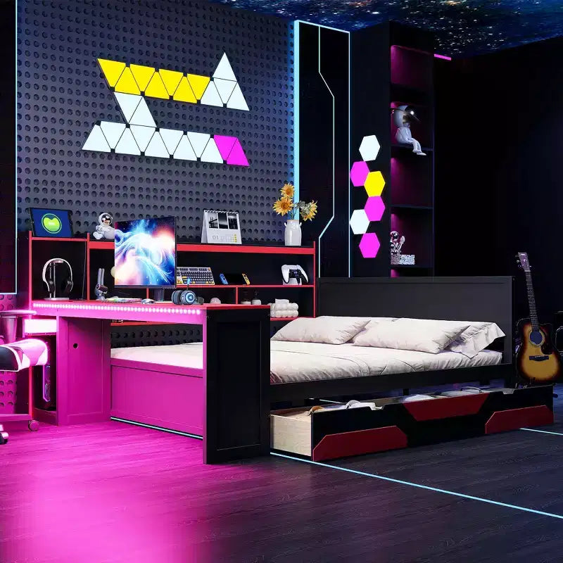 Daybed da gioco completo/queen size con testiera libreria, luci LED, scrivania integrata, cassetti e stazione di ricarica