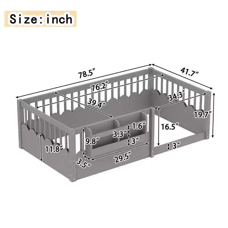 Letto a terra per bambini Bellemave con recinzione rialzata e libreria, struttura letto matrimoniale in legno Montessori per bambine e bambini