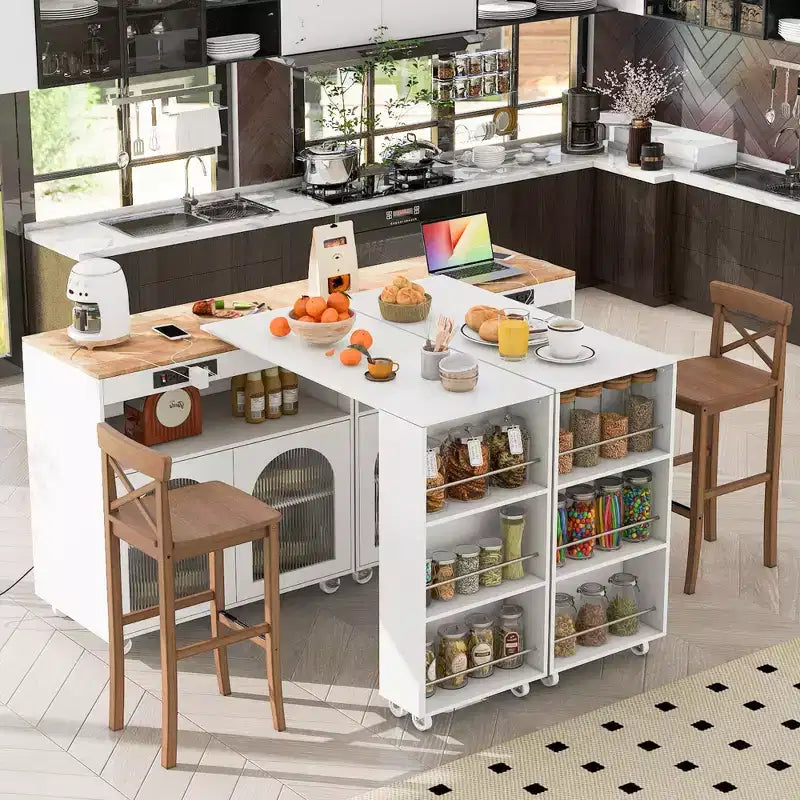 Îlot de cuisine roulant avec 2 portes en verre, Desserte de cuisine avec table extensible et prises de courant, Îlot de cuisine avec étagères ouvertes latérales