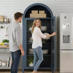 Mobile Contenitore Alto Ad Arco con Ante in Vetro, Libreria Espositiva a 5 Ripiani con Mensole Regolabili per Cucina o Soggiorno