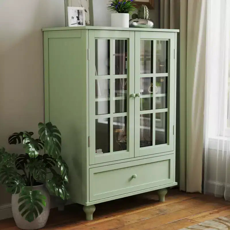 Mobiletti portaoggetti, Armadietto da terra in legno con 1 cassetto e 2 ante in vetro, Credenza a buffet in stile rustico con spazio per il soggiorno