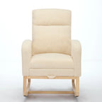 Poltrona a dondolo moderna con schienale alto da 75 cm, imbottita, con gambe in legno massello e poggiapiedi regolabile