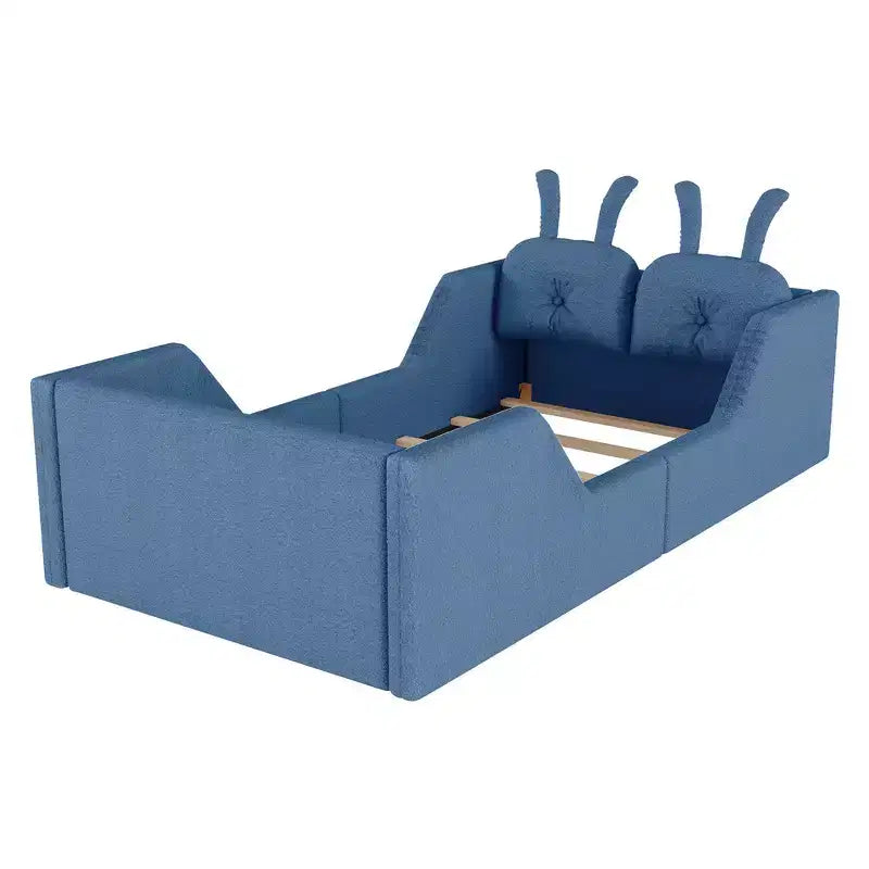 Whisen Twin - Letto a piattaforma, Letto imbottito da pavimento per bambini con cuscino a coniglio, Sponde laterali rimovibili