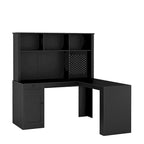Scrivania a L con presa di corrente, scrivania per computer con cassetti, libreria e mobiletto, scrivania angolare moderna, scrivania per ufficio domestico