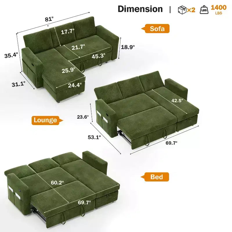 Dyonery Divano Letto Angolare 81, Divano Estraibile a L con Chaise Longue Reversibile con Contenitore, USB, Schienale Reclinabile