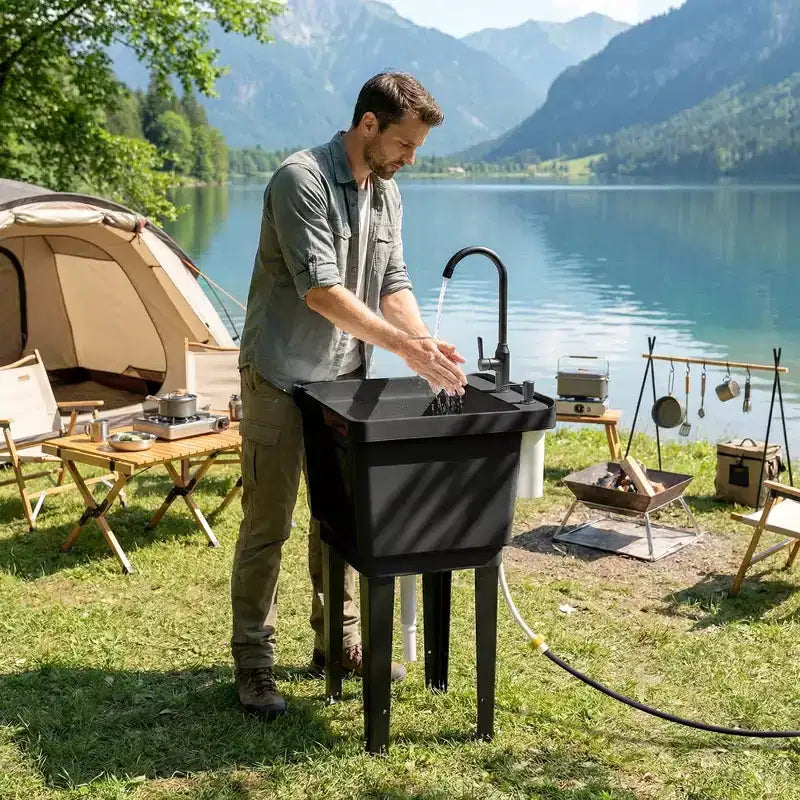 Lavatoio portatile con vasca, lavandino indipendente con rubinetto, dispenser sapone e tubi flessibili