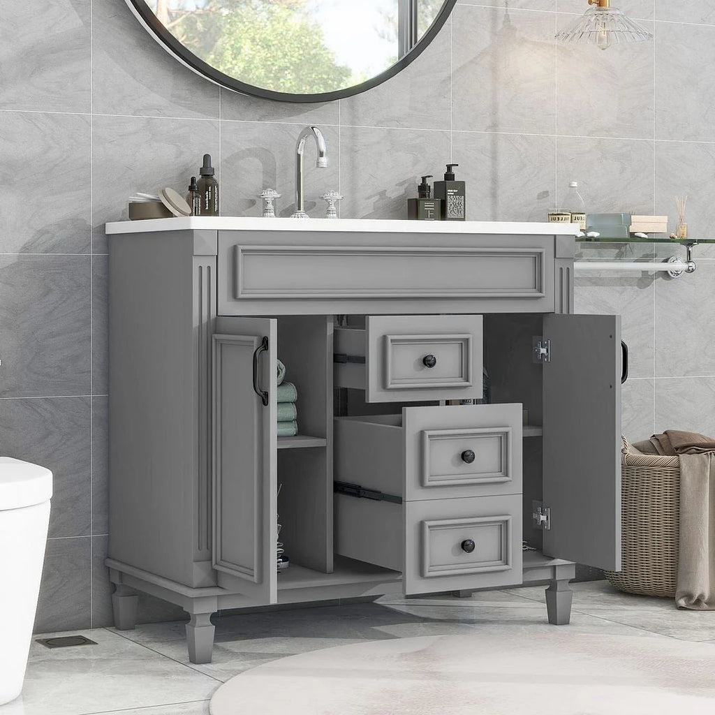 Mobile Bagno Moderno da 90cm con Lavabo Integrato e Specchiera, 2 Ante e 2 Cassetti