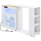Isola da Cucina con Ruote e 2 Ante in Vetro, Carrello da Cucina con Tavolo Estensibile e Prese di Corrente, Isola da Cucina con Ripiani Laterali Aperti