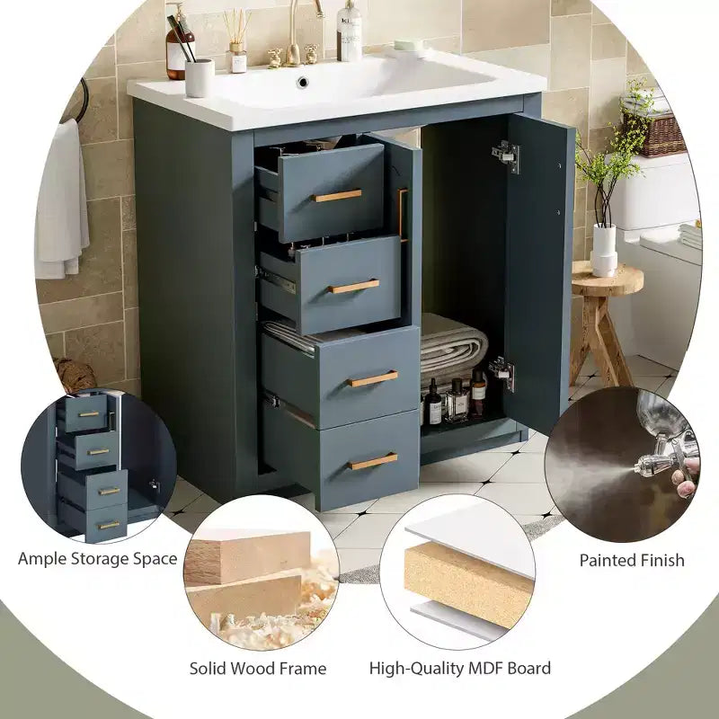 Mobile bagno 30 pollici con lavabo singolo, armadietto e 3 cassetti – Nero / Blu / Verde / Indaco / Bianco