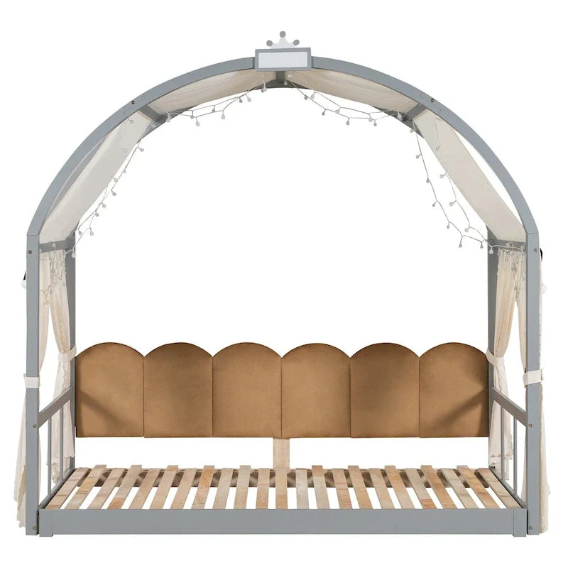 Letto a piattaforma in legno massiccio a forma di casetta, letto Montessori a terra con tetto ad arco e letto estraibile per bambine e bambini