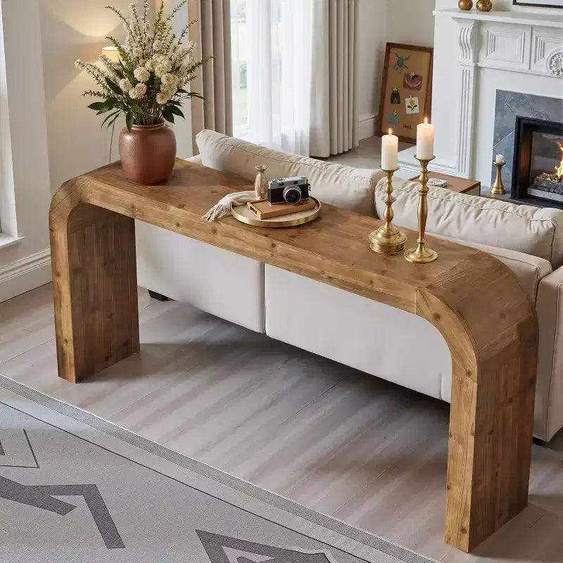 Consolle Lantine da 179 cm in Legno Massello, Tavolo da Divano in Stile Rustico con Angoli a Cascata per Ingresso, Soggiorno, Dietro al Divano, Legno Naturale
