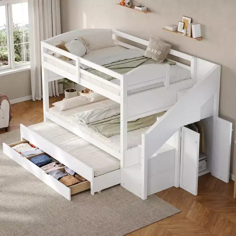 Whisen Letto a castello Twin XL con rotelle estraibili, letto a castello con contenitore, letto a castello in legno massello, scala con contenitore, armadio, 3 cassetti, per bambini